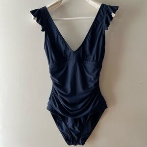 ELLEN TRACY One Piece Swimsuit Size 10 V-Neck Ruffled Shoulder Ruched Tummy Navy
